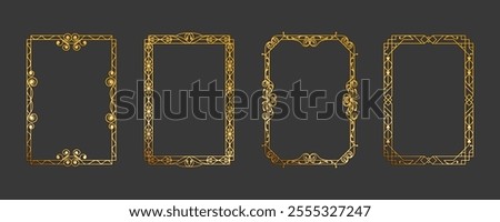 Golden engraved frame set. Vintage frame template a4 paper. Decorative, fantasy, divider, curl and vignette, arabic elements, floral pattern, invitation, royal, ornate. Isolated vector set.