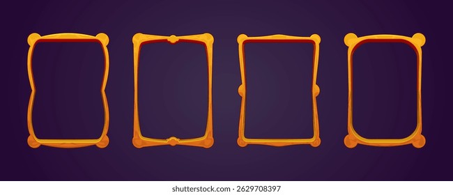 Quadro esculpido de madeira ou gravado dourado em estilo cartoon. Modelo vetorial de um quadro a4 com elementos decorativos circulares ao redor do perímetro. Conjunto isolado, borda vazia, decoração, ilustração.