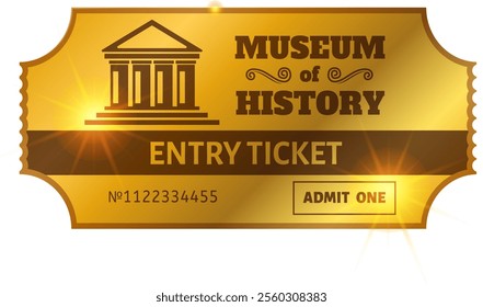 Golden entry ticket for a museum of history, featuring a classical building icon and admitting one person, evoking a sense of historical exploration and cultural experience