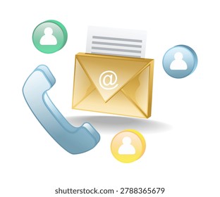 Golden envelope symbolizes email communication. Blue phone rests beside the envelope. Three colorful circles show user profiles. Paper slips hint at messages inside
