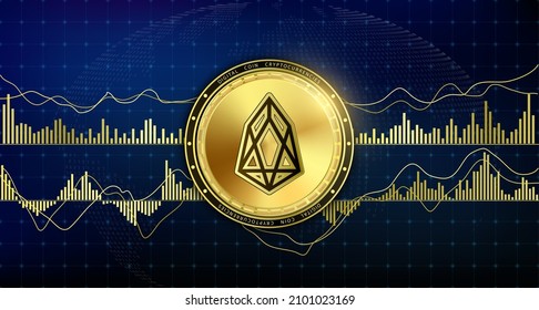 Golden EOS currency coin. Electronic crypto currency modern technology. Digital cryptocurrency block chain market token banner. On world map chart background. 3D Vector.
