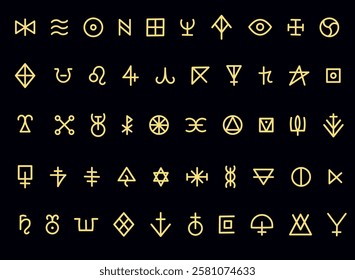 Golden Esoteric Glyph Set. Ancient Mystical Runes and Symbols of Hidden Knowledge