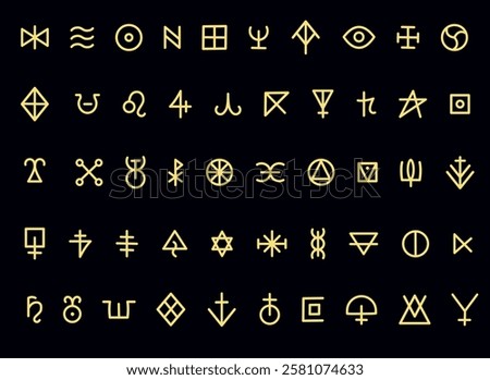 Golden Esoteric Glyph Set. Ancient Mystical Runes and Symbols of Hidden Knowledge