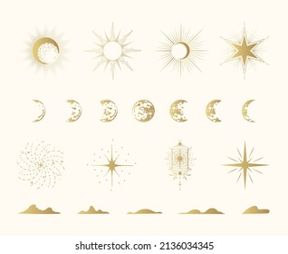 Golden esoteric symbols celestial isolated set. Hand drawn vector illustration of mystical sun, moon, stars and planets in  line art cosmic collection for posters and greeting cards.