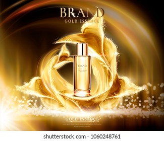 Golden essence ads, glass container with glittering satin on abstract lighting background in 3d illustration