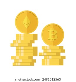 Golden ethereum and bitcoin stack isolated on white background