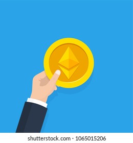 Golden ethereum coin. Cryptocurrency blockchain coin ethereum symbol. Vector illustration