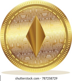 Golden Ethereum coin digital currency, futuristic digital money, technology worldwide network concept, vector illustration