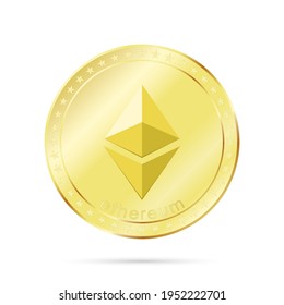 Golden ethereum coin isolated on white background, vector illustration