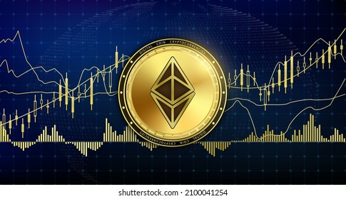 Golden ethereum currency coin. Electronic crypto currency modern technology. Digital cryptocurrency block chain market token banner. On world map chart background. 3D Vector.