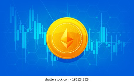 Golden Ethereum on blue background banner template design. Ethereum currency. Crypto coin with growth chart. International stock exchange. Network Ethereum marketing vector.