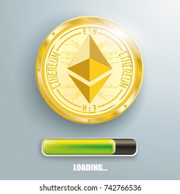 Golden ethereum with progress bar on the gray background. Eps 10 vector file.
