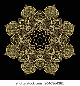 Golden ethnic mandala with floral ornament and circular pattern, elegant luxury design on black background
