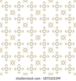 Golden ethnic ornament. Simple vector geometric seamless pattern with rhombuses, squares, triangles, crosses. Tribal motif. Gold and white abstract background texture. Luxury repeat decorative design