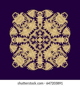 Golden ethnic russian vector ornament  on dark blue background