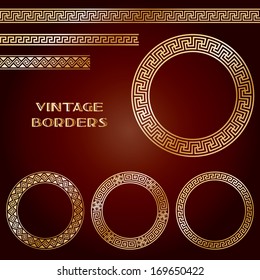 Golden ethnic seamless borders and frames. Ornamental shape on dark orange. Arabesque greek pattern background. Vector illustration. 