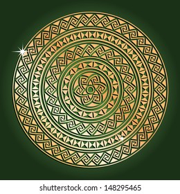 Golden ethnic seamless textures with shadow. Ornamental shape on dark green. Arabesque pattern background. Vector illustration. Can be used for invitation, ottoman, card design, pillow, banners, signs