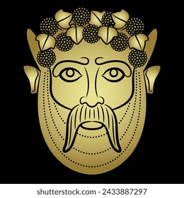 Golden Etruscan mask of god Bacchus. Antique god of wine. Bearded horned male face wearing grape wreath. Black and gold silhouette.