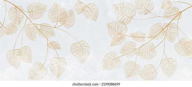 Golden eucalyptus leaves in line style on a white background. Botanical art banner with exotic plants for wallpaper, decor, print, interior design.