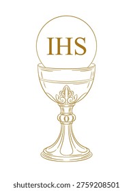 Golden eucharistic chalice with host and IHS monogram — elegant line art vector illustration. Ornate communion chalice, crowned with a round host bearing the IHS inscription. Perfect graphic for communion invitations, religious cards, devotional materials and church publications.