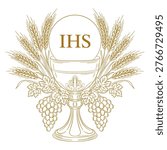 Golden eucharistic chalice with IHS host, wheat ears and grape clusters — elegant line art vector illustration. Ornate communion chalice with fleur-de-lis detail, surrounded by wheat ears, grapevine leaves and grape clusters, crowned with a host bearing the IHS monogram. Gold outline on white background. Perfect graphic for communion invitations, religious cards and devotional materials.