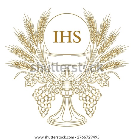 Golden eucharistic chalice with IHS host, wheat ears and grape clusters — elegant line art vector illustration. Ornate communion chalice with fleur-de-lis detail, surrounded by wheat ears, grapevine leaves and grape clusters, crowned with a host bearing the IHS monogram. Gold outline on white background. Perfect graphic for communion invitations, religious cards and devotional materials.