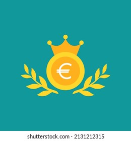 Golden euro coin with royal crown and laurel wreath. Flat icon isolated on blue background.  Economy, finance, money pictogram. Wealth symbol. Currency value, king, business winner, best.