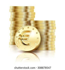 Golden Euro coins isolated on a white background. Illustration Vector EPS10.