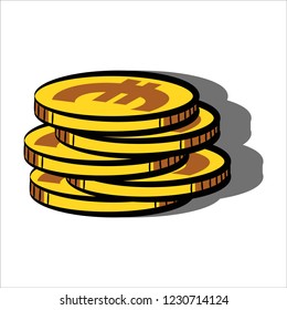 Golden Euro Coins. Sketch-Style Icon. Symbol. Sign. Stock Vector Illustration. Transparent. White Isolated.