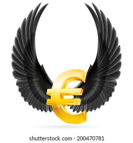 Golden euro symbol with black raised up wings