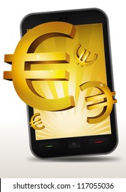 Golden Euros Inside Mobile Phone/ Illustration of a smart phone e-book with golden euros currency bursting from the screen. Imaginary model of mobile phone not made from any existing copyrighted model