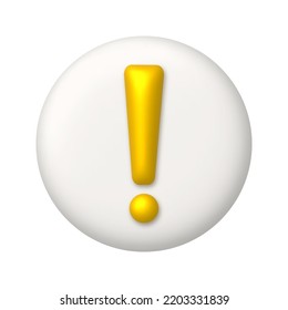 Golden exclamation mark symbol on a white button. Attention or caution sign icon. 3d realistic design element. Vector illustration.