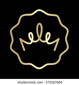 Golden exclusive badge with expensive curly crown inside. Simple and minimalistic vector illustration of button on the black royal background. 