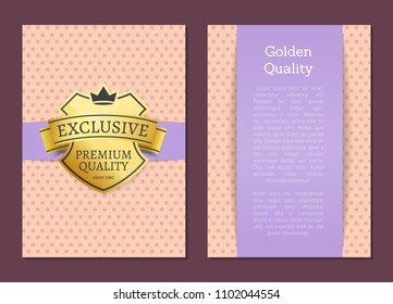Golden exclusive premium quality since 1980 promo leaflet design or gold label, cartoon vector illustration cover template with text, advertisement.