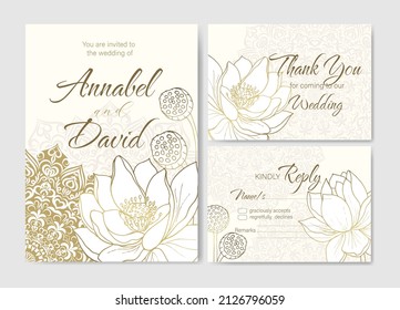 Golden exotic pattern for floral wedding card, thank you, rsvp postcard. Vector wedding Invitation design template with lotuses and mandala.