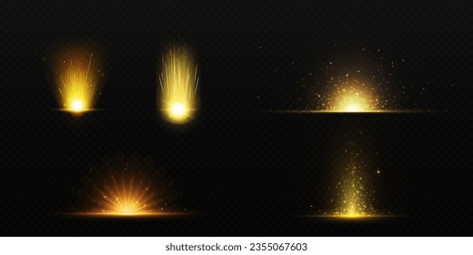 Golden explode glow effect - shine light rays with burst and sparkles. Sun or star flash with beam and glitter. Realistic vector illustration set of gold bright energy glare on transparent background.