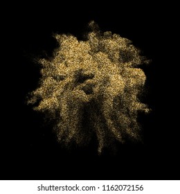 Golden explosion blast with glitter particles on black background. Vector gold glare or smoke splash and splatter texture explode effect