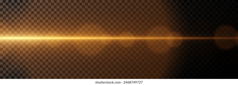 Golden explosion of glare. Magic neon light, horizontal beam. On a transparent background.