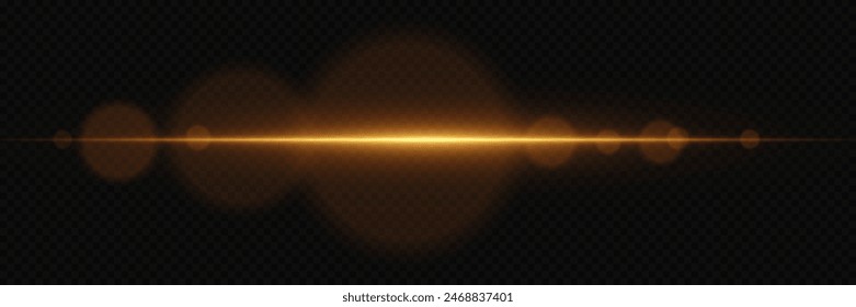 Golden explosion of glare. Magic neon light, horizontal beam. On a transparent background.