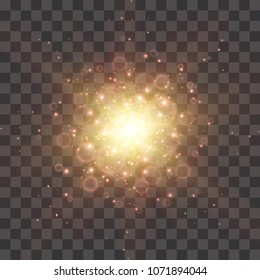 Golden explosion with light effects. Particles, sparkles, flares on dark transparent background.