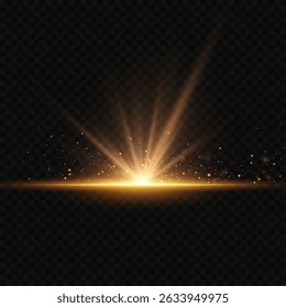 Golden explosion of light with sparkles. On a transparent background