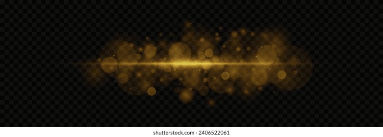 Golden explosion of light with sparks. Abstract glowing magic dust isolated on transparent background. Light effects. Glitter and glare.