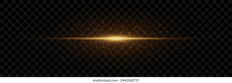 Golden explosion of light with sparks. Abstract glowing magic dust isolated on transparent background. Light effects. Glitter and glare.
