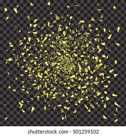 Golden explosion, vector concept. Many gold pieces randomly flying in the air. Explosion vector, broken glass. Starburst, many pieces flying, abstract vector illustration.