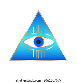 Golden eye in blue triangle on a white background. All-seeing eye. Vector illustration. Icon. Colored logo.