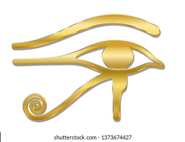 Golden Eye of Horus. Ancient Egyptian goddess Wedjat symbol of protection, royal power and good health. Similar to Eye of Ra. Isolated vector illustration on white background.
