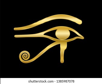 Golden Eye of Horus on black background. Ancient Egyptian goddess Wedjat symbol of protection, royal power and good health. Similar to Eye of Ra.
