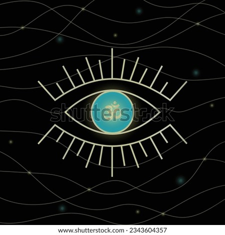 Golden eye with om symbol on black cosmic background. Magical decor element. Vector illustration.