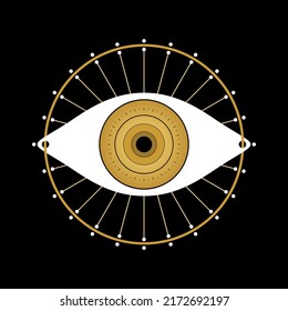 Golden eye of providence (All seeing eye) in circle with light ray mystical boho flat vector design.