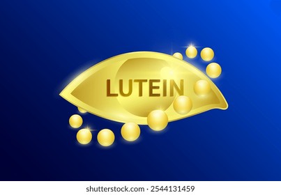 Golden eye surrounded by lutein on blue background. For design dietary supplement products. Natural extracts of marigold flowers. Help eyesight and vision. Medical scientific. 3D Vector.